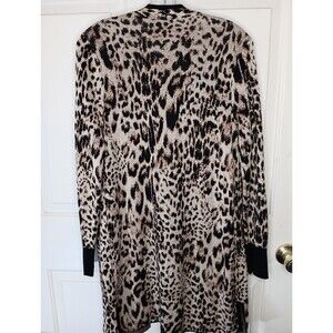 Chico's Long Sweater Cardigan Size 0/Small Black And Brown Leopard Open Front